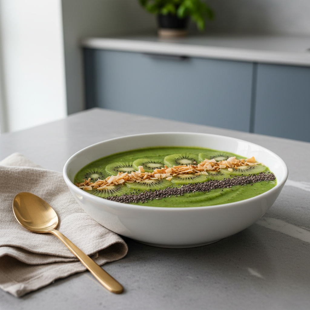 A close-up of a polished white ceramic bowl filled with a radiant green smoothie, topped with precise rows of sliced kiwi, toasted coconut flakes, and black chia seeds, each texture distinctly visible. The bowl rests on a cool gray quartz countertop beside a neatly folded natural linen napkin and a brushed gold spoon. Gentle overcast daylight enters from a nearby window, creating soft, even illumination and faint reflections along the bowl’s rim. The background falls into a smooth bokeh, hinting at a minimal kitchen with matte cabinetry and a single leafy herb plant. Photographic realism, composed using the rule of thirds at a slightly elevated angle, emphasizing freshness and quiet luxury, embodying a sophisticated, nourishing wellness lifestyle.