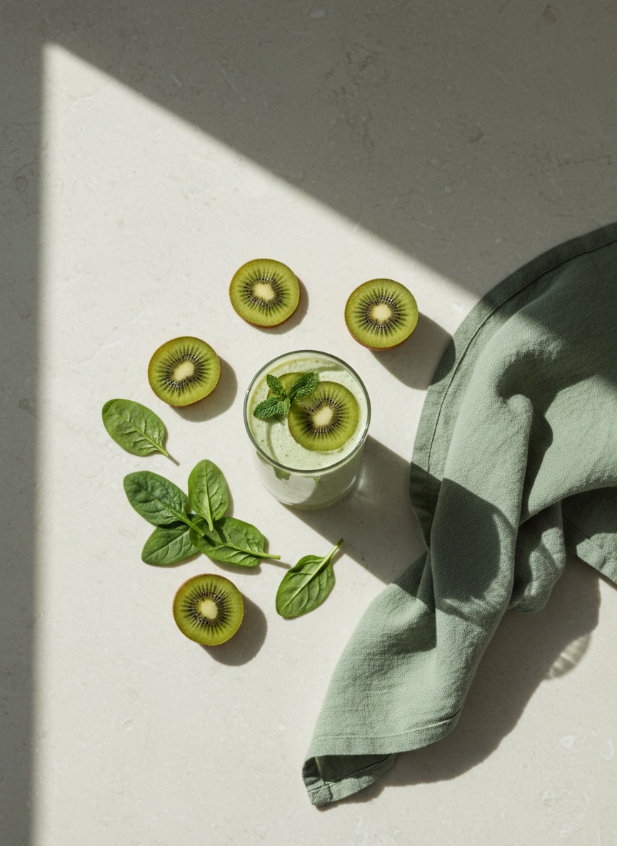 A minimal wellness flatlay in soft green tones: a glass of green smoothie on a light stone surface, surrounded by sliced kiwi, spinach leaves, and a linen napkin, photographed in soft natural light, matching the existing smoothie bowl aesthetic.