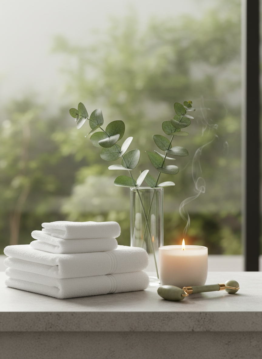 A serene spa-like scene in green wellness tones: neatly folded white towels, a lit soy candle, eucalyptus branches in a glass vase, and a jade facial roller on a pale stone surface, soft daylight, minimalist and calming.