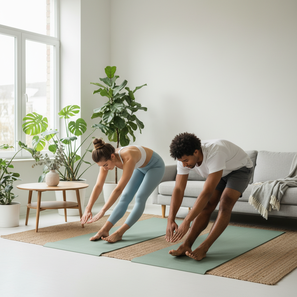 Un cuplu tânăr face exerciții ușoare de stretching într-un living luminos, cu plante verzi, saltele de yoga verzi, lumina dimineții, atmosferă minimalistă, fresh, stil de viață sănătos, feminine