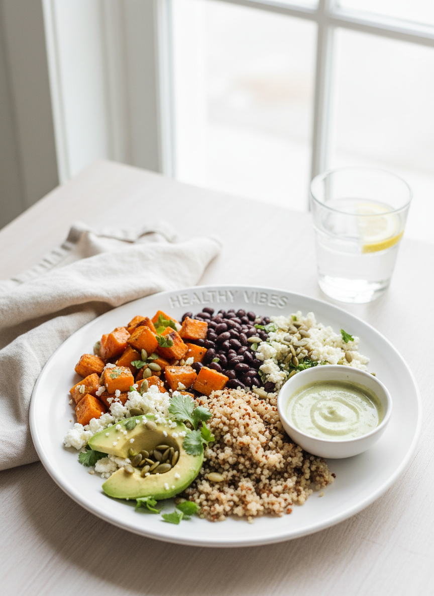 Fotografie bright & airy, stil profesionist, cu o farfurie cu mancare sanatoasa (legume proaspete, cereale integrale), culori blande si prietenoase, vibe de stil de viata sanatos pentru brandul Healthy Vibes, compozitie portret, estetica Instagram, dar diferita de imaginea anterioara cu femeie care mananca salata.