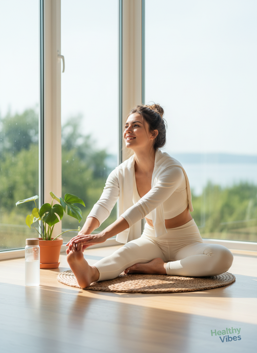 Bright & airy professional lifestyle photo showing a young woman in comfortable athleisure stretching or doing a gentle yoga pose on a mat next to a large window, with a water bottle and a small plant nearby, wellness / wellbeing vibe, for a brand called Healthy Vibes, portrait orientation, soft friendly colors, not repeating previous images.