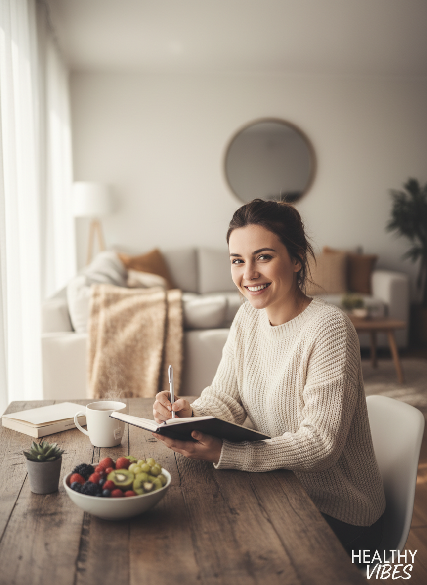 Bright & airy professional lifestyle photo, portrait orientation, showing a young woman smiling and journaling at a table with a cup of tea and a bowl of fruit, soft natural light, warm and friendly atmosphere, wellness and self-care vibe for a brand called Healthy Vibes, Instagram aesthetic, complementary but different from existing images on the site.