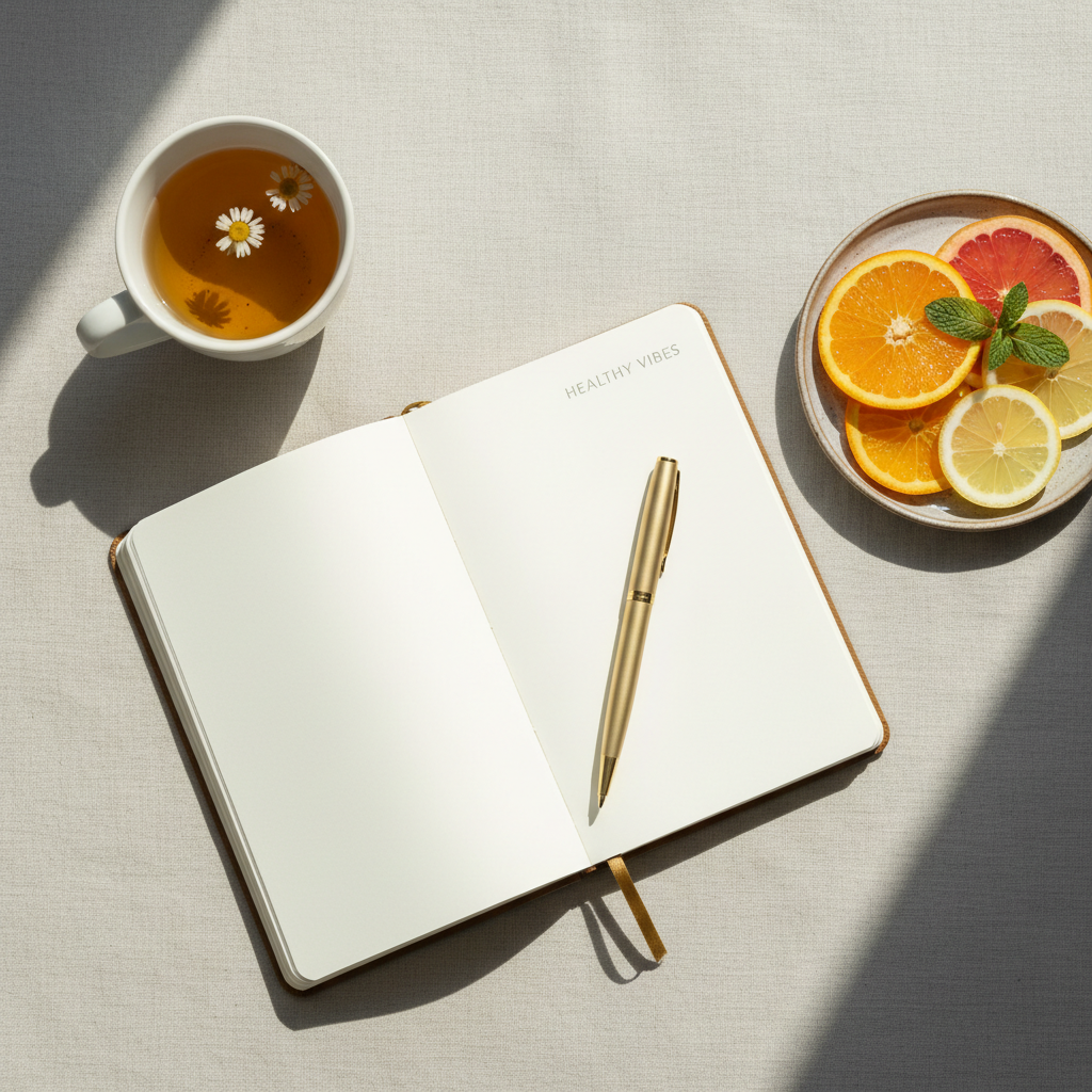 Bright & airy professional square photo showing a minimal wellness flatlay: an open journal with a pen, a cup of herbal tea, and a small plate of sliced citrus on a light neutral background, soft natural light, friendly and calm wellbeing vibe for a brand called Healthy Vibes, clearly different from smoothie bowl or portrait images already used on the site.