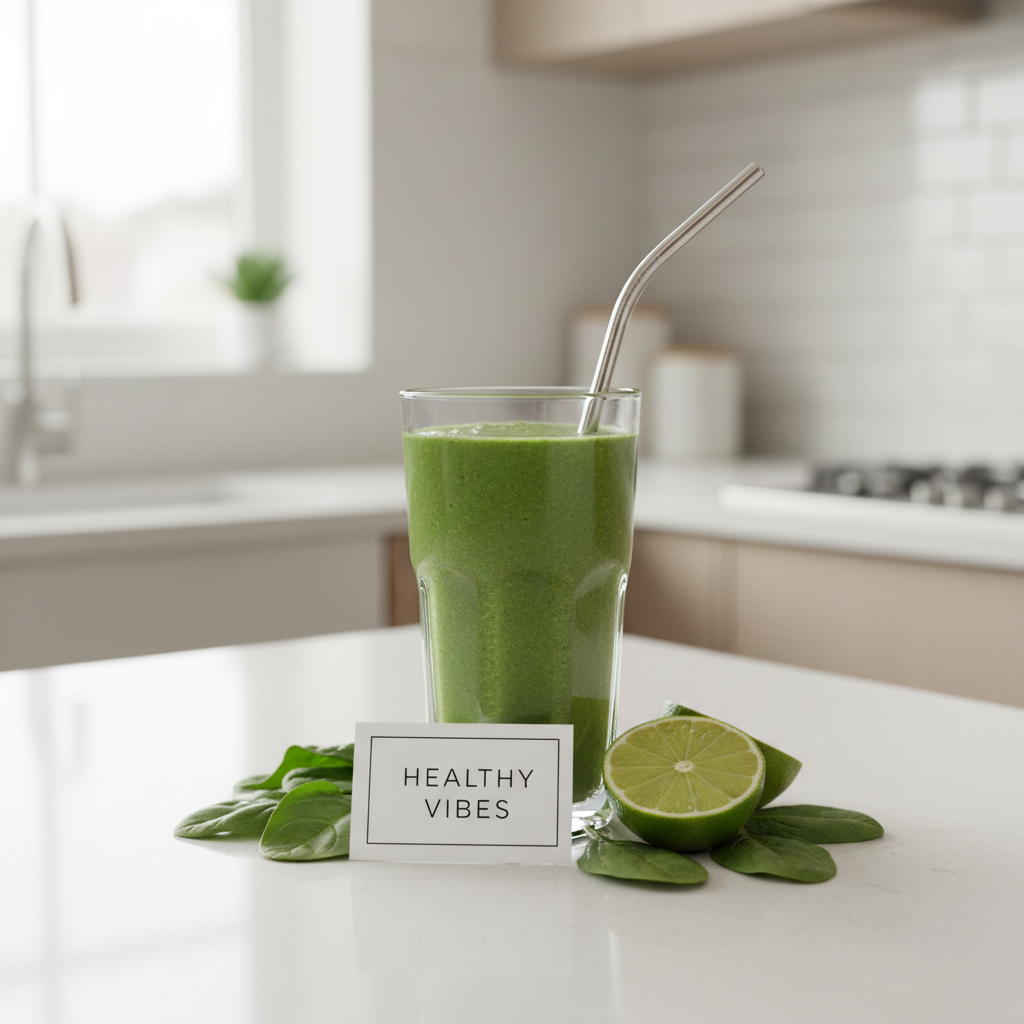 Bright & airy professional square photo showing a healthy green smoothie in a clear glass on a minimal light kitchen counter, with a metal straw and a few fresh spinach leaves and lime wedges nearby, soft natural daylight, wellness and self-care vibe for a brand called Healthy Vibes, clearly different from existing smoothie bowl or flatlay images already used on the site.