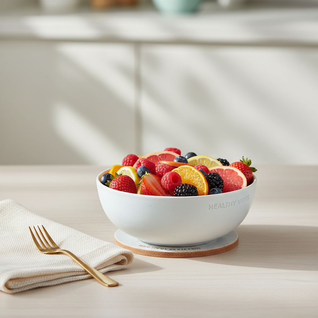 Bright & airy professional square photo of a healthy fruit snack: a ceramic bowl filled with mixed fresh berries and sliced citrus on a light neutral table, with a linen napkin and a small gold fork nearby, soft natural daylight, wellness and self-care vibe for a brand called Healthy Vibes, clearly different from existing images already used on the site.