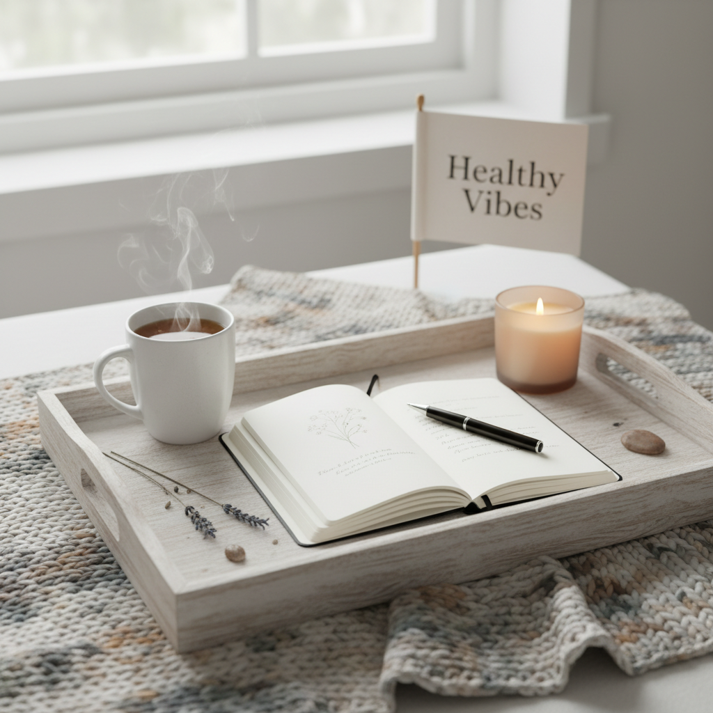 Bright & airy professional square photo showing a cozy wellbeing detail: an open journal with a pen, a steaming cup of herbal tea, and a small lit candle on a light wooden tray, styled on a soft neutral throw, soft natural daylight, calm and comforting wellness and self-care vibe for a brand called Healthy Vibes, clearly different from existing flatlay images already used on the site.