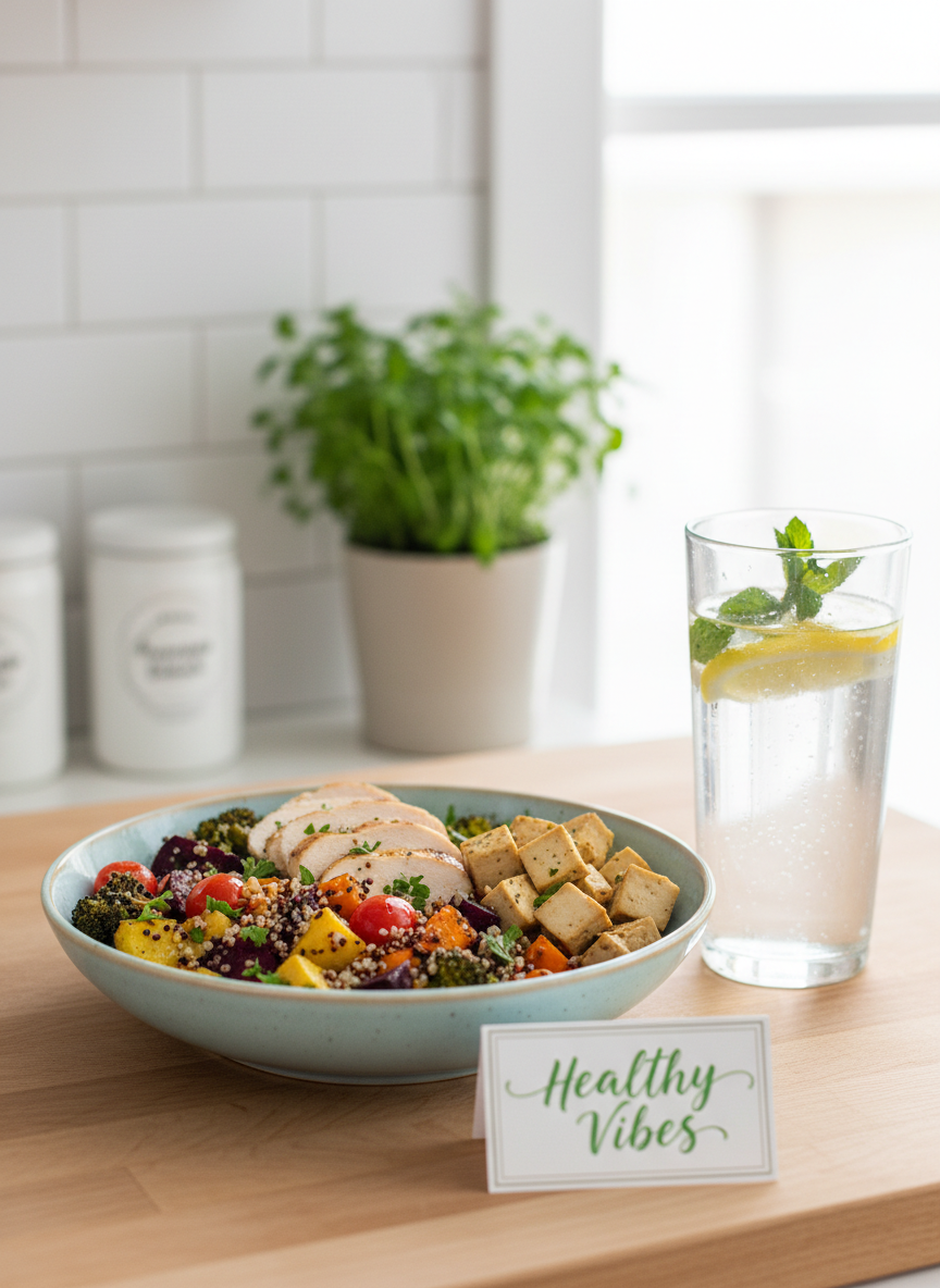 Bright & airy professional food photo, portrait orientation, showing a quick healthy meal: a bowl with colorful roasted vegetables, quinoa, and grilled chicken or tofu, plus a glass of infused water with lemon and mint on a light kitchen counter, soft natural daylight, fresh and energetic wellness vibe for a brand called Healthy Vibes, Instagram aesthetic, clearly different from other images on the site.