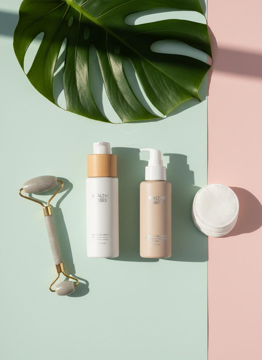 Bright, clean skincare flatlay on a light pastel background: white and beige cosmetic bottles, a jade roller, cotton pads, and a green plant leaf, soft natural light, fresh and minimal wellness aesthetic for a brand called Healthy Vibes, portrait orientation, no faces, high-quality, Instagram-ready, distinct from food imagery