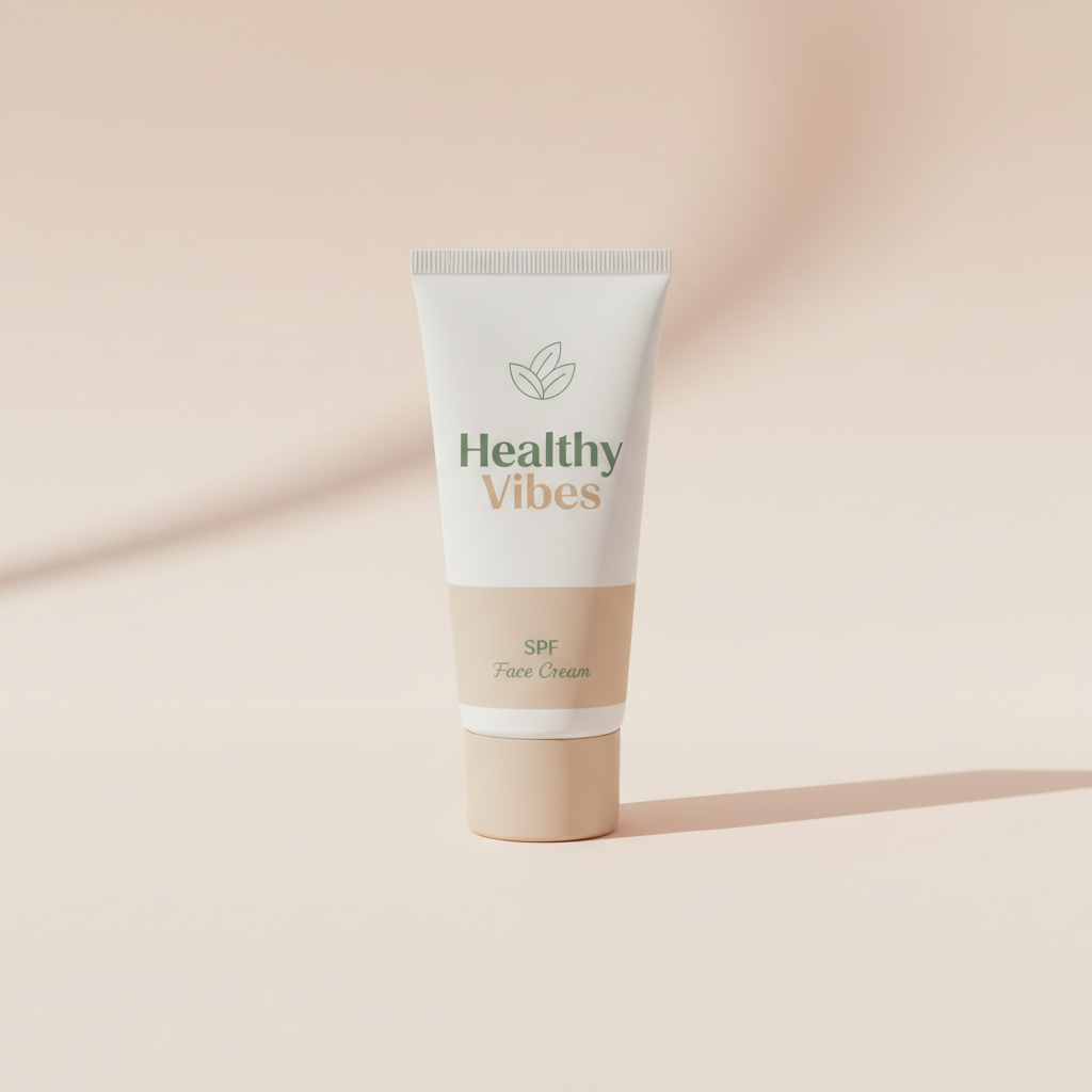 Minimalist product photo of a 'Healthy Vibes' SPF face cream on a light pastel background. White and soft beige tube with 'Healthy Vibes' branding, subtle green accent, gentle natural light, a hint of a shadow, and maybe a soft leaf or sun icon to suggest sun protection. Clean, modern skincare aesthetic, matching the existing Healthy Vibes brand style. No people, no kiwi or food, square format.