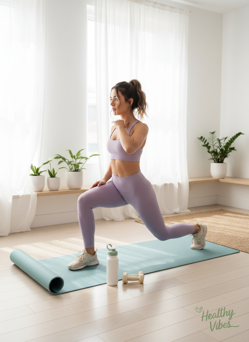 A woman doing a home workout in a bright, minimal living room, wearing pastel sportswear, yoga mat on the floor, light dumbbells nearby, soft natural light, fresh and energetic wellness aesthetic for a brand called Healthy Vibes, portrait orientation, no faces clearly visible, distinct from food imagery or kiwi bowls.