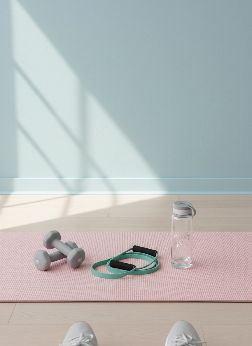 Sport and home workout concept for Healthy Vibes: bright, minimal room, pastel yoga mat, light dumbbells and resistance bands neatly arranged, maybe a water bottle with a subtle Healthy Vibes label, soft natural light, no food or kiwi, no visible faces, portrait orientation, consistent style with existing Healthy Vibes sport images.