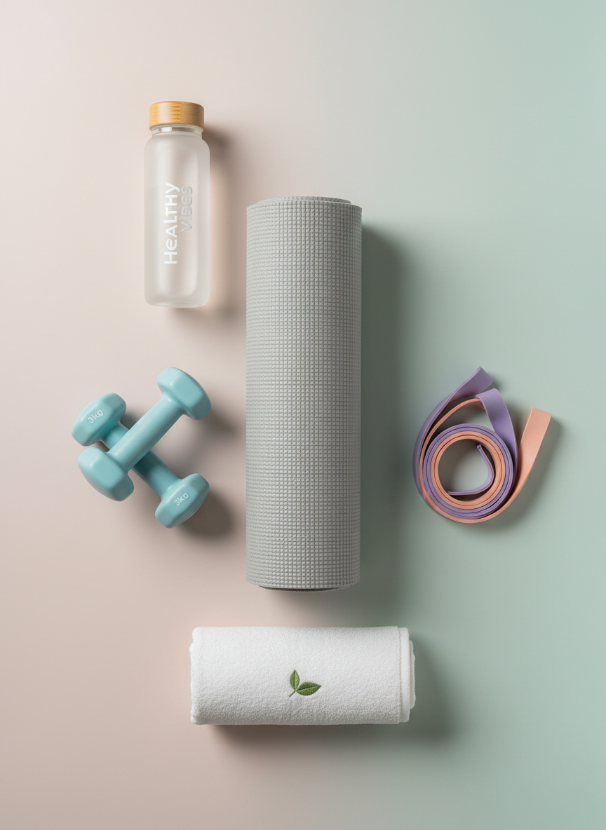 Sport and home workout concept for Healthy Vibes: bright, minimal flatlay on a pastel background with yoga mat, dumbbells, resistance bands, a water bottle, and a small towel, soft natural light, no food or kiwi, no visible faces, portrait orientation, consistent style with existing Healthy Vibes sport images.