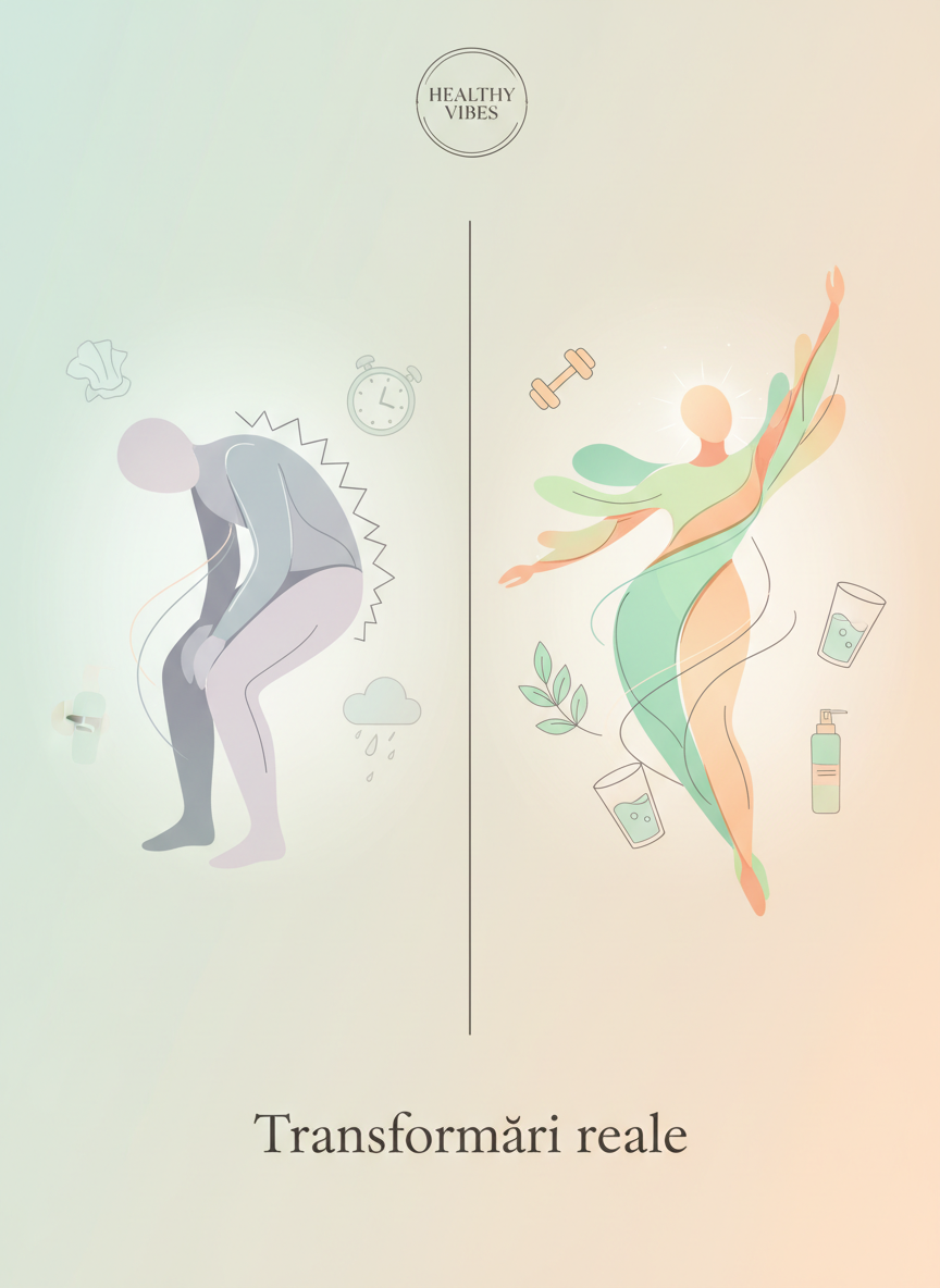 Before and after style wellness transformation concept for the Healthy Vibes brand: abstract representation of a person going from tired and stressed to energized and glowing. Soft, modern flat illustration in pastel colors (mint, peach, soft beige) with subtle fitness, nutrition, and self-care icons (like a dumbbell, leaf, water glass, skincare bottle). No faces, no kiwi or food bowls, clean background, high-end wellness aesthetic, portrait orientation, to be used on the 'Transformări reale' page hero image.