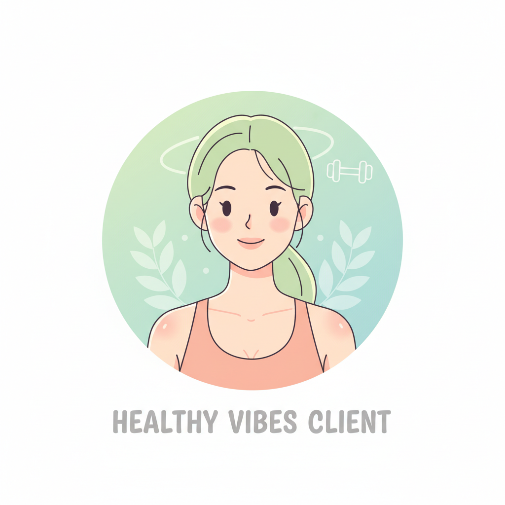 A small, circular profile photo style illustration of a young woman representing a Healthy Vibes client: soft pastel colors, warm and friendly, subtle fitness and wellness vibe (clean skin, simple top), no detailed facial features, modern flat illustration, to be used as a testimonial avatar for the Healthy Vibes brand.