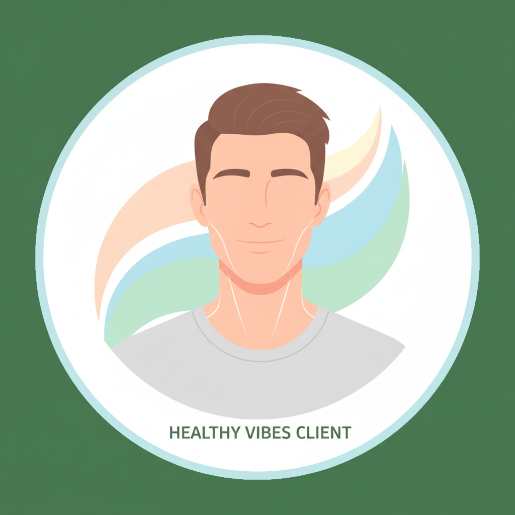 A small, circular profile photo style illustration of a young man representing a Healthy Vibes client: soft pastel colors, warm and friendly, subtle fitness and wellness vibe (clean skin, simple t-shirt), no detailed facial features, modern flat illustration, to be used as a testimonial avatar for the Healthy Vibes brand.