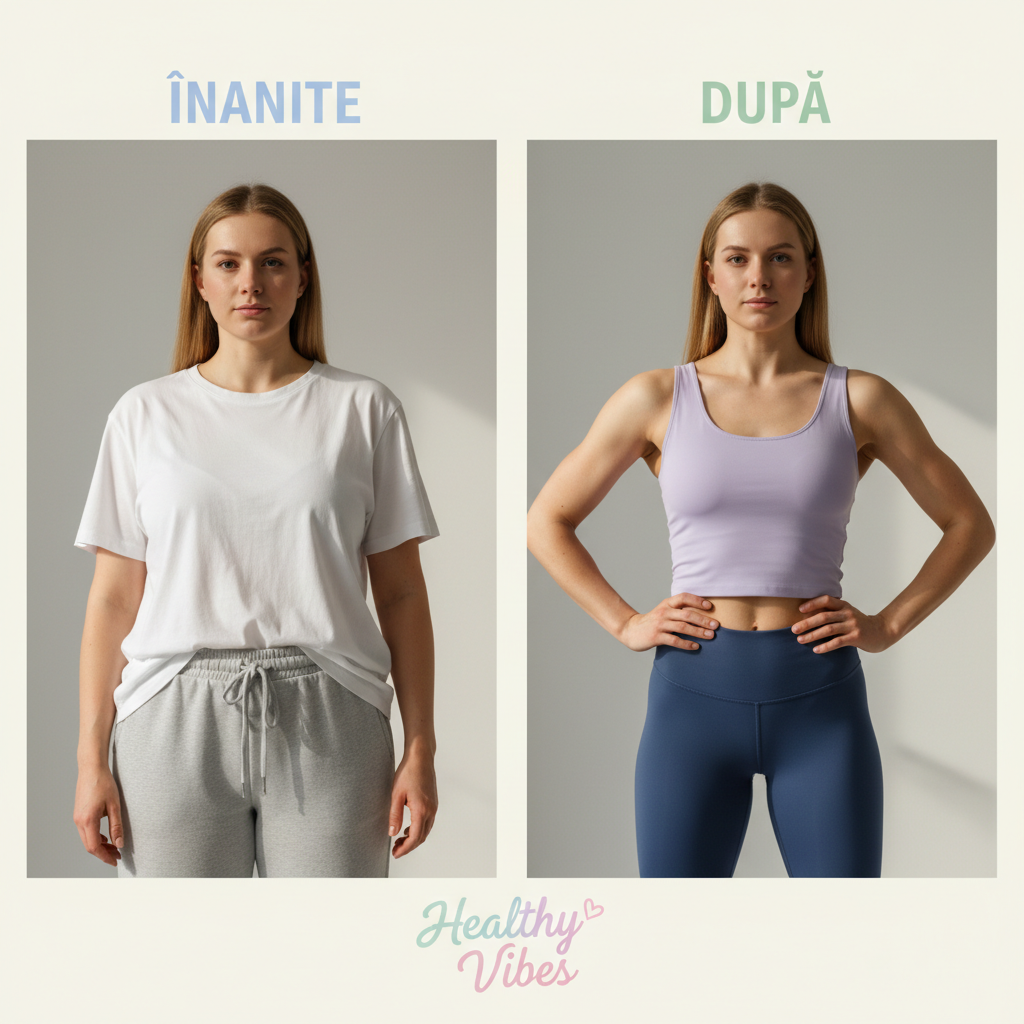 Before and after weight loss transformation photo for Healthy Vibes: the same woman shown side by side, left image 'Înainte' with softer body shape and looser clothes, right image 'După' with visibly slimmer, toned shape and more fitted clothes. Respectful, empowering, no face shown (cropped from shoulders down), neutral simple background, soft natural light, branded in subtle Healthy Vibes pastel tones, portrait orientation.