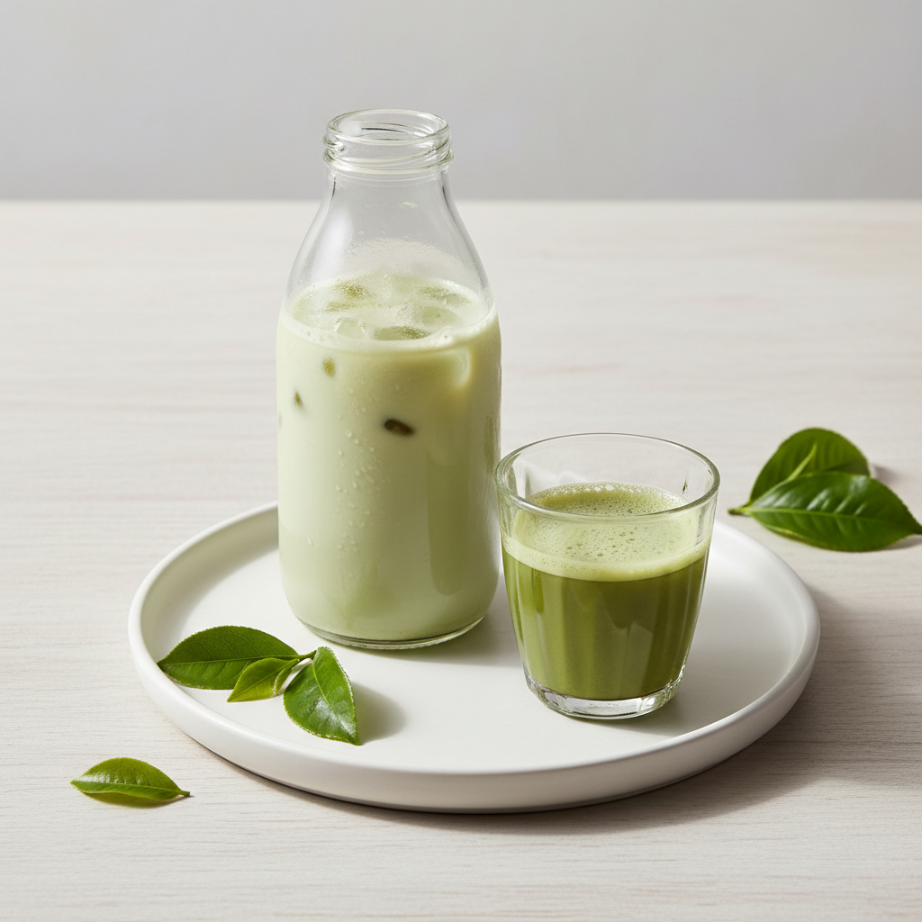 A bright, minimalist wellness scene featuring a bottle of iced matcha latte and a small glass of matcha on a clean, light background, styled like a modern lifestyle product photo, no kiwi visible
