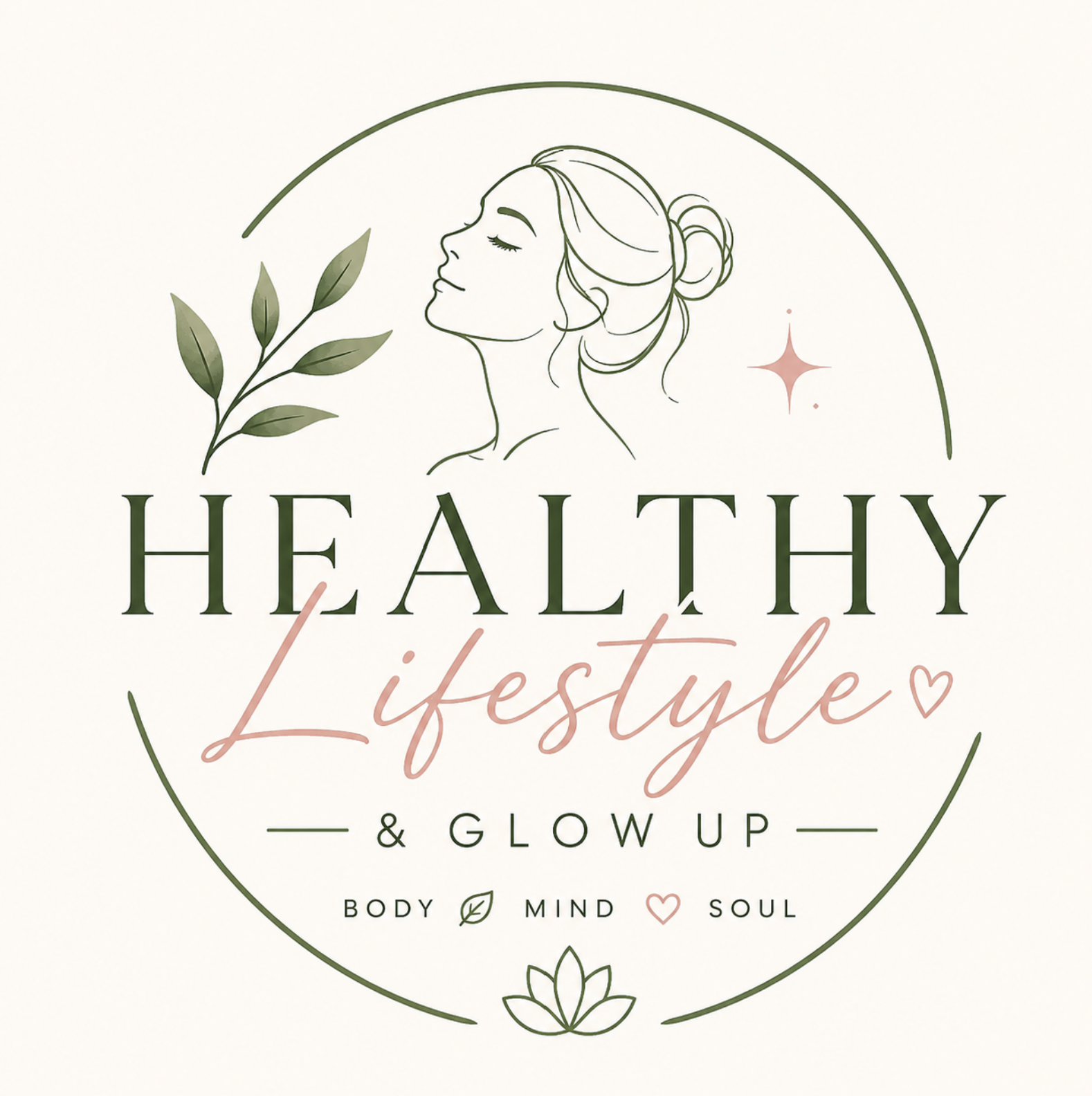 A woman's face in profile, with her hair in a bun and a few leaves surrounding her. The words "Healthy Lifestyle & Glow Up...